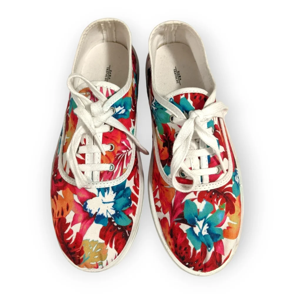 Zara Trafaluc Tropical Floral Cloth Platform Sneakers, 7.5